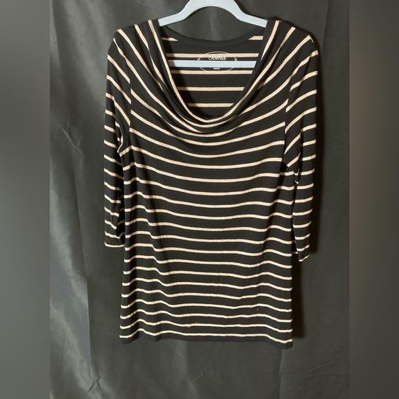 Soma Loungewear Size Medium Black Metallic Gold in Beige Striping Cowl Neck - Picture 1 of 8